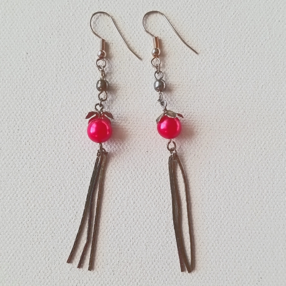 Vintage Sterling Silver Tassel Dark Pink Beaded Earrings